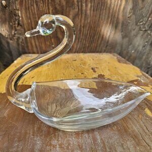 Duncan Miller Vtg MCM Clear Art Glass Figural Swan Trinket Candy Soap Dish 1960s